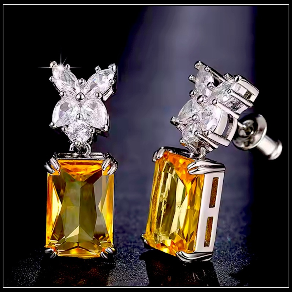 14K WHITE GOLD CITRINE CANARY & SIMULATED DIAMOND ASSCHER CUSHION CUT EARRINGS